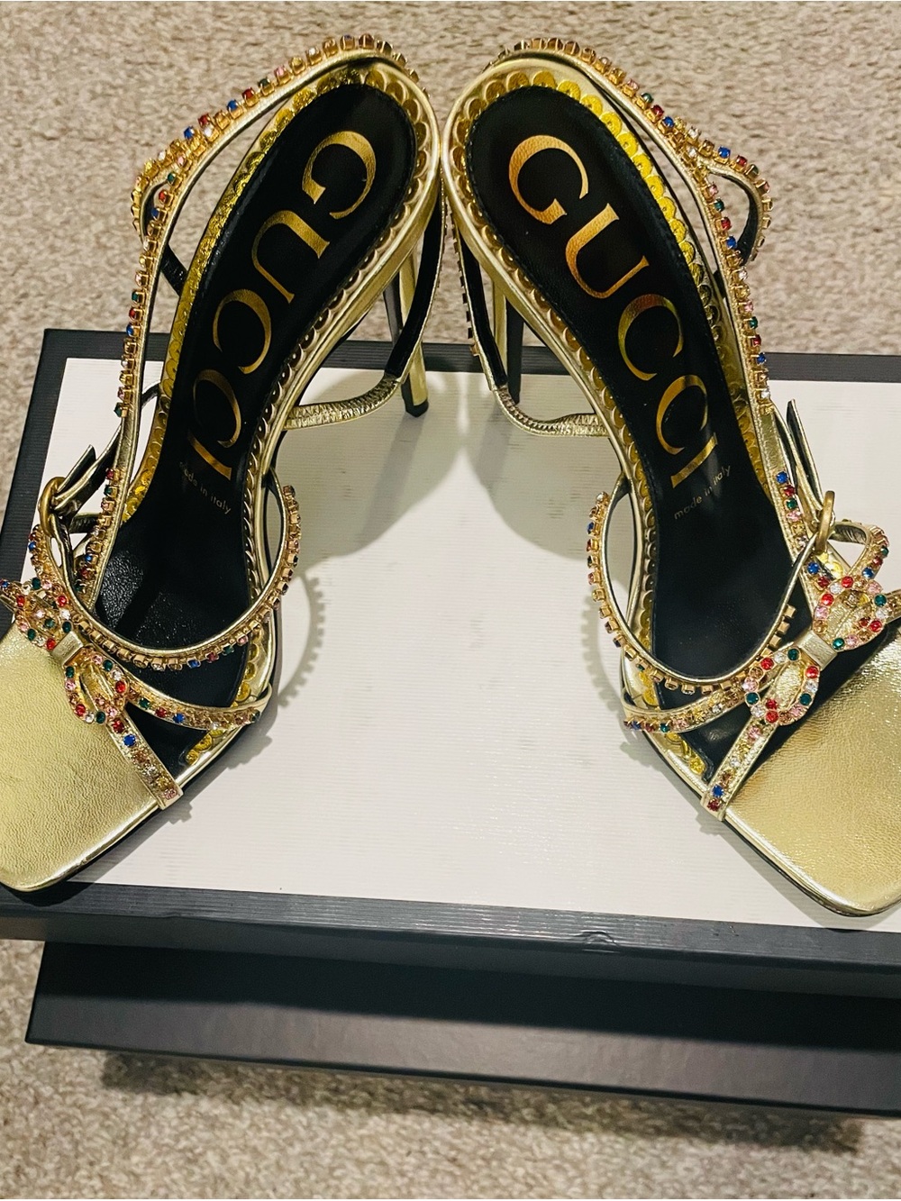Gucci Gold Jeweled Bow-Strap High Heel Sandals - Picture 8 of 9